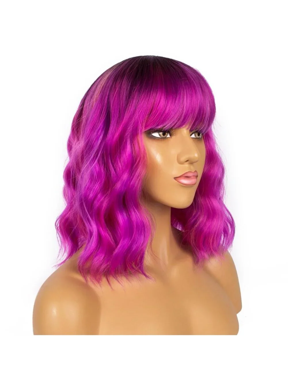 Women's Black Purple Shoulder Length Synthetic Loose Wavy Short Bob Wigs Bangs